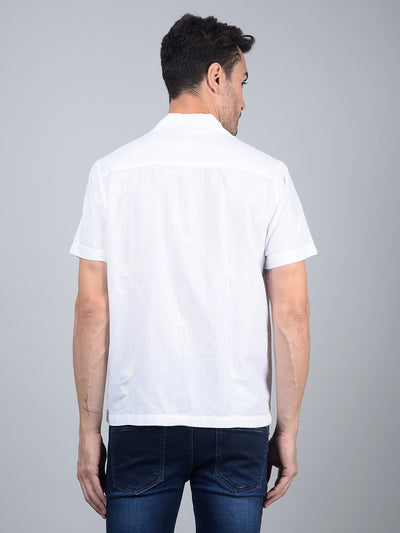 White Embroidered Cuban Collar Linen Shirt-Men Shirts-Crimsoune Club
