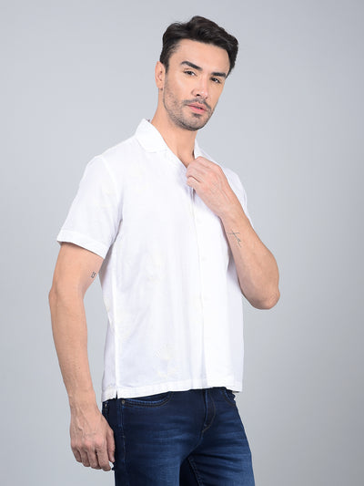White Embroidered Cuban Collar Linen Shirt-Men Shirts-Crimsoune Club