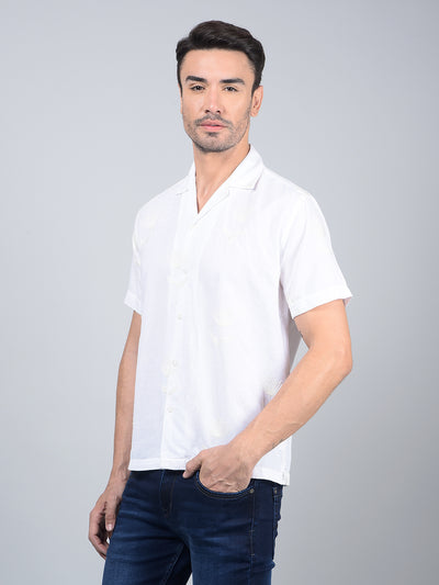 White Embroidered Cuban Collar Linen Shirt-Men Shirts-Crimsoune Club