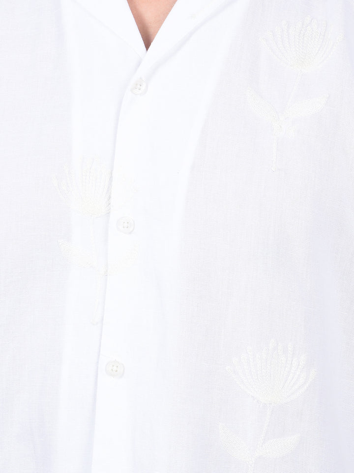 White Embroidered Cuban Collar Linen Shirt-Men Shirts-Crimsoune Club