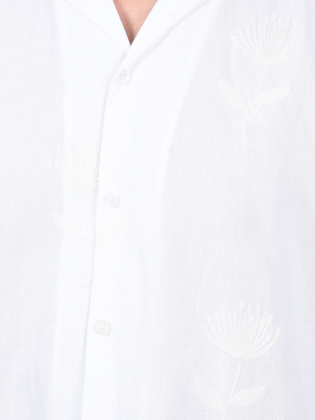 White Embroidered Cuban Collar Linen Shirt-Men Shirts-Crimsoune Club