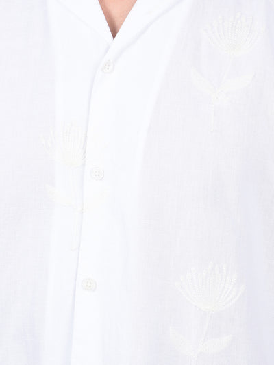 White Embroidered Cuban Collar Linen Shirt-Men Shirts-Crimsoune Club