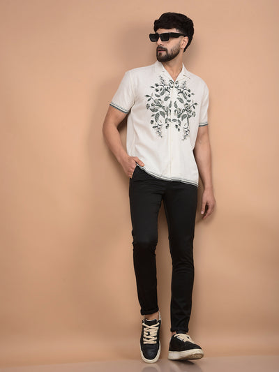Beige Embroidered Linen Cuban Collar Shirt-Men Shirts-Crimsoune Club