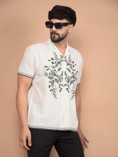 Beige Embroidered Linen Cuban Collar Shirt-Men Shirts-Crimsoune Club
