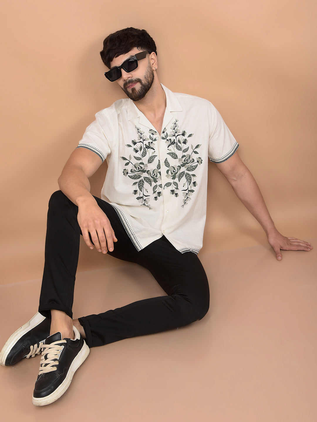 Beige Embroidered Linen Cuban Collar Shirt-Men Shirts-Crimsoune Club