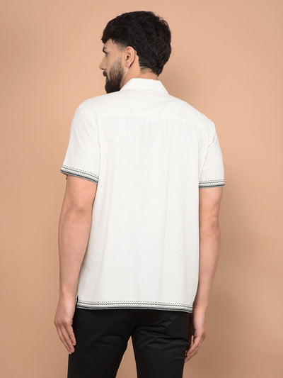 Beige Embroidered Linen Cuban Collar Shirt-Men Shirts-Crimsoune Club