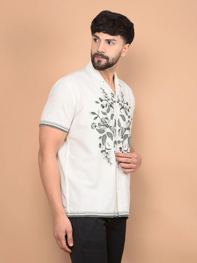 Beige Embroidered Linen Cuban Collar Shirt-Men Shirts-Crimsoune Club
