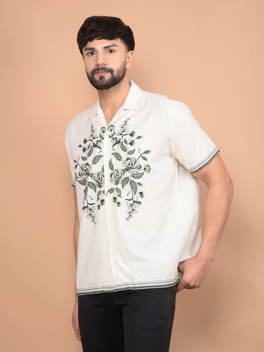 Beige Embroidered Linen Cuban Collar Shirt-Men Shirts-Crimsoune Club