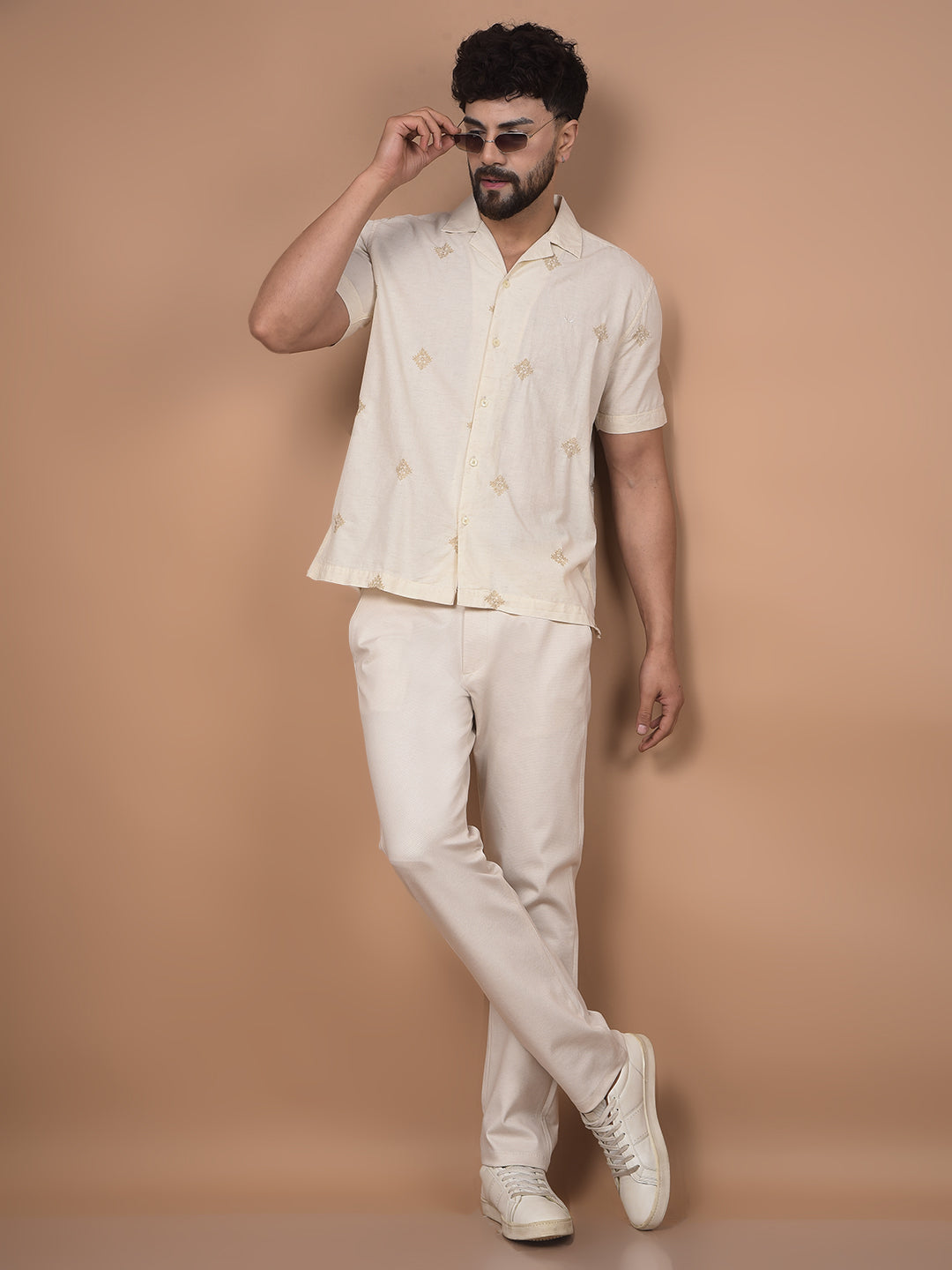 Beige Embroidered Linen Cuban Collar Shirt-Men Shirts-Crimsoune Club