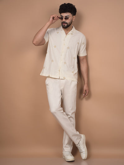 Beige Embroidered Linen Cuban Collar Shirt-Men Shirts-Crimsoune Club