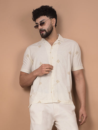 Beige Embroidered Linen Cuban Collar Shirt-Men Shirts-Crimsoune Club