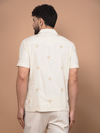 Beige Embroidered Linen Cuban Collar Shirt-Men Shirts-Crimsoune Club