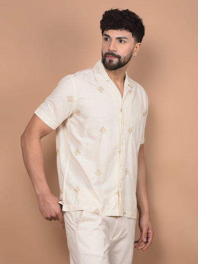 Beige Embroidered Linen Cuban Collar Shirt-Men Shirts-Crimsoune Club