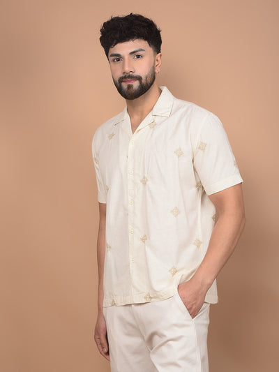Beige Embroidered Linen Cuban Collar Shirt-Men Shirts-Crimsoune Club