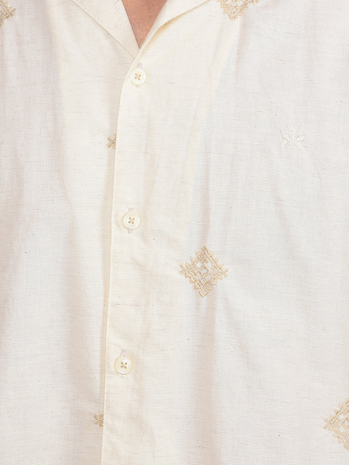 Beige Embroidered Linen Cuban Collar Shirt-Men Shirts-Crimsoune Club