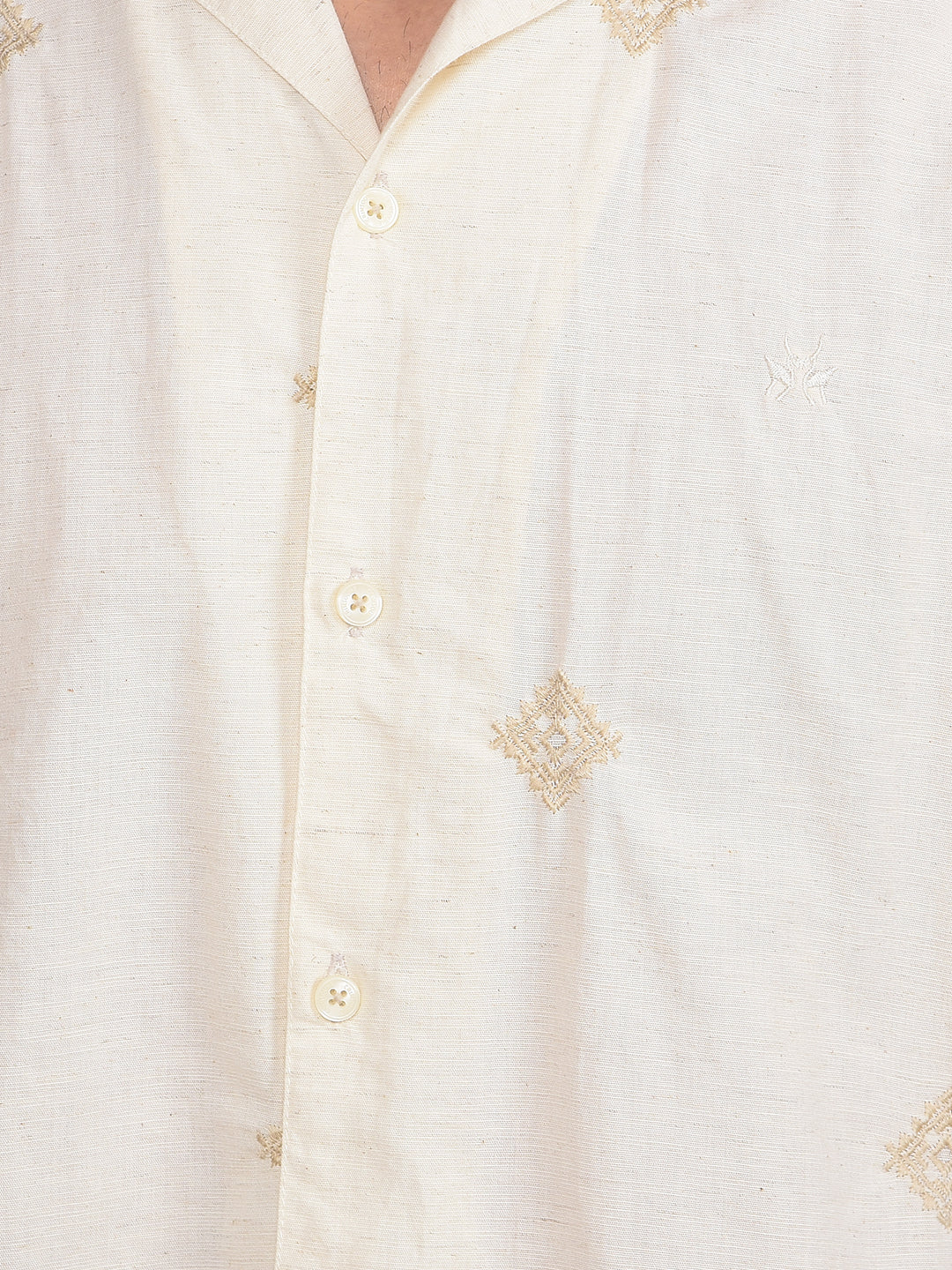 Beige Embroidered Linen Cuban Collar Shirt-Men Shirts-Crimsoune Club
