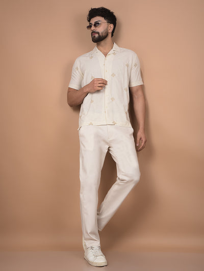 Beige Embroidered Linen Cuban Collar Shirt-Men Shirts-Crimsoune Club