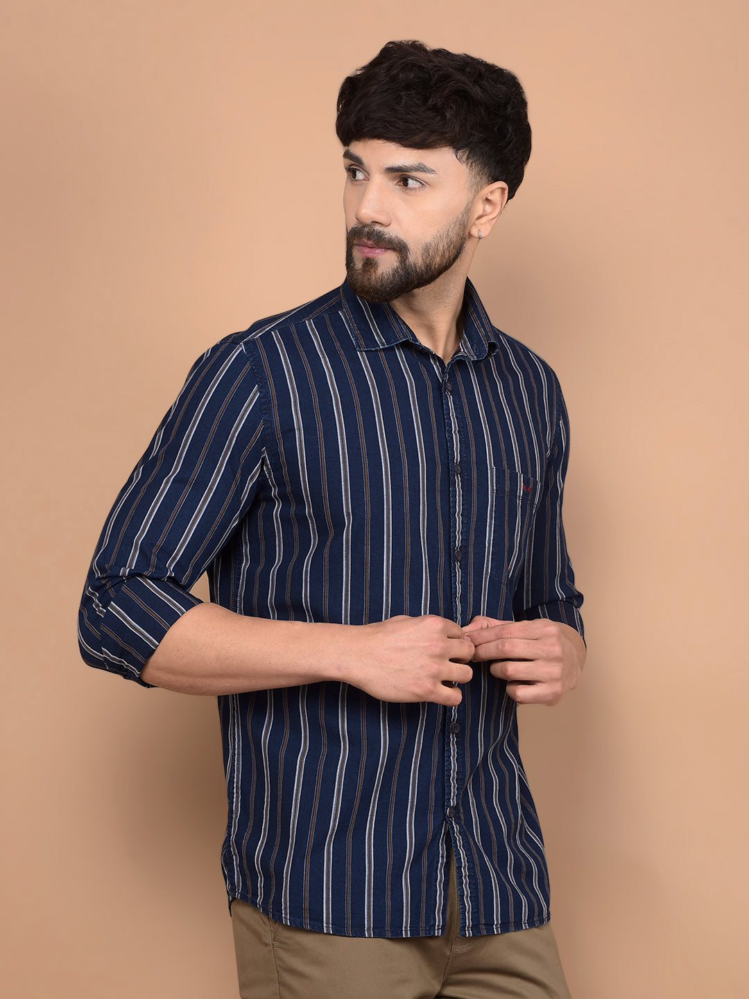 Mustard Vertical Stripes 100% Cotton Shirt-Men Shirts-Crimsoune Club
