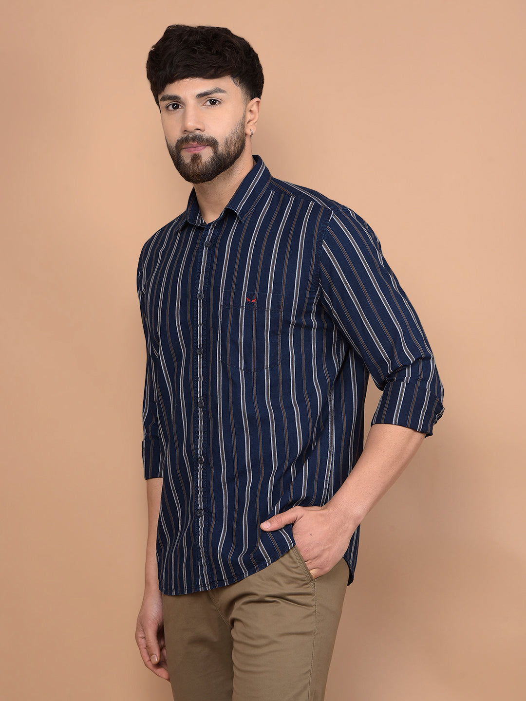 Mustard Vertical Stripes 100% Cotton Shirt-Men Shirts-Crimsoune Club
