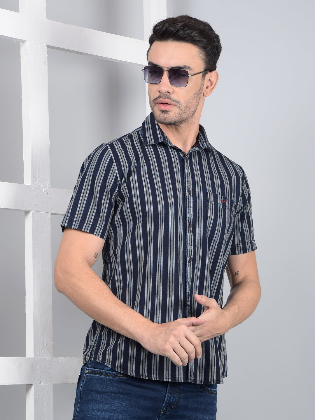 Navy Blue Vertical Stripes 100% Cotton Shirt-Men Shirts-Crimsoune Club