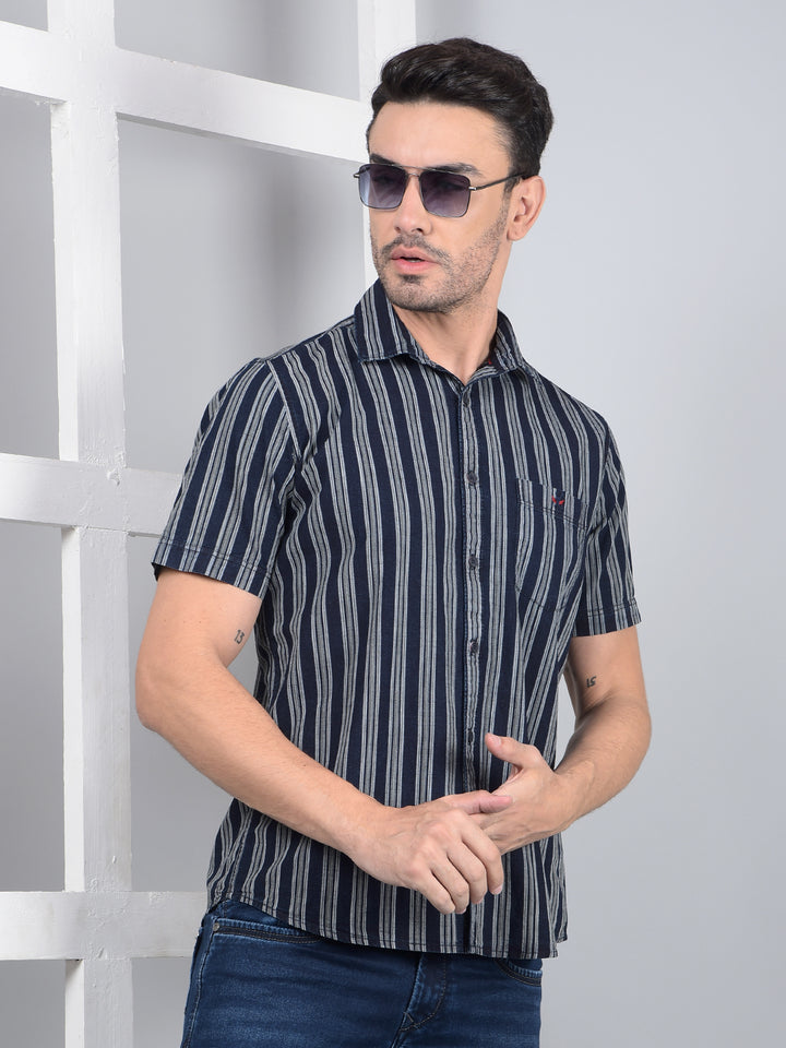Navy Blue Vertical Stripes 100% Cotton Shirt-Men Shirts-Crimsoune Club