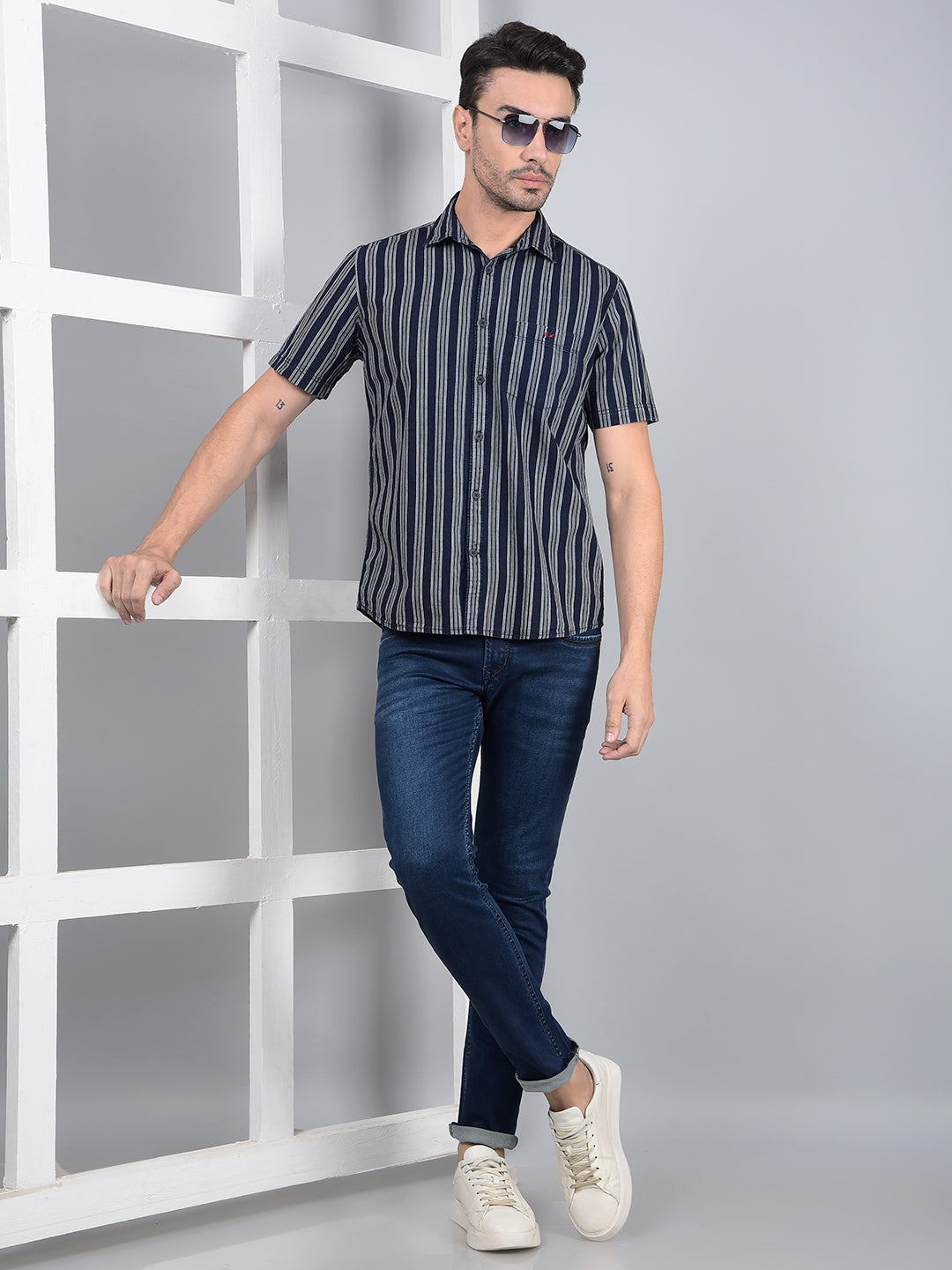Navy Blue Vertical Stripes 100% Cotton Shirt-Men Shirts-Crimsoune Club