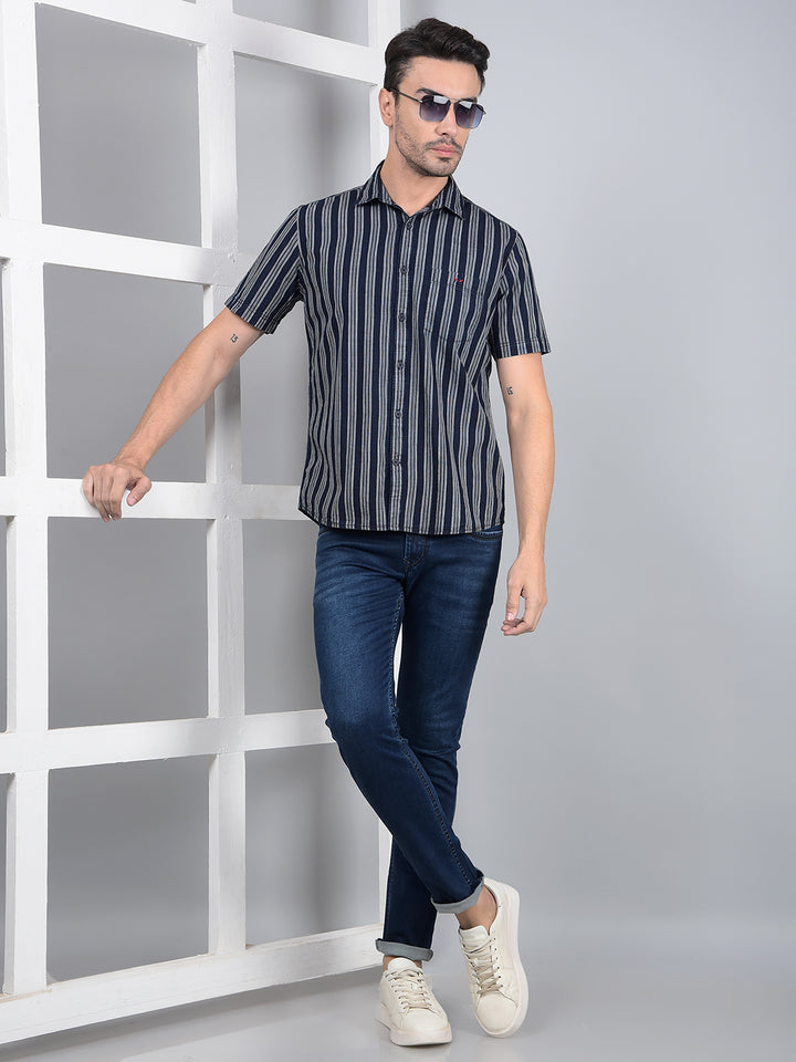 Navy Blue Vertical Stripes 100% Cotton Shirt-Men Shirts-Crimsoune Club