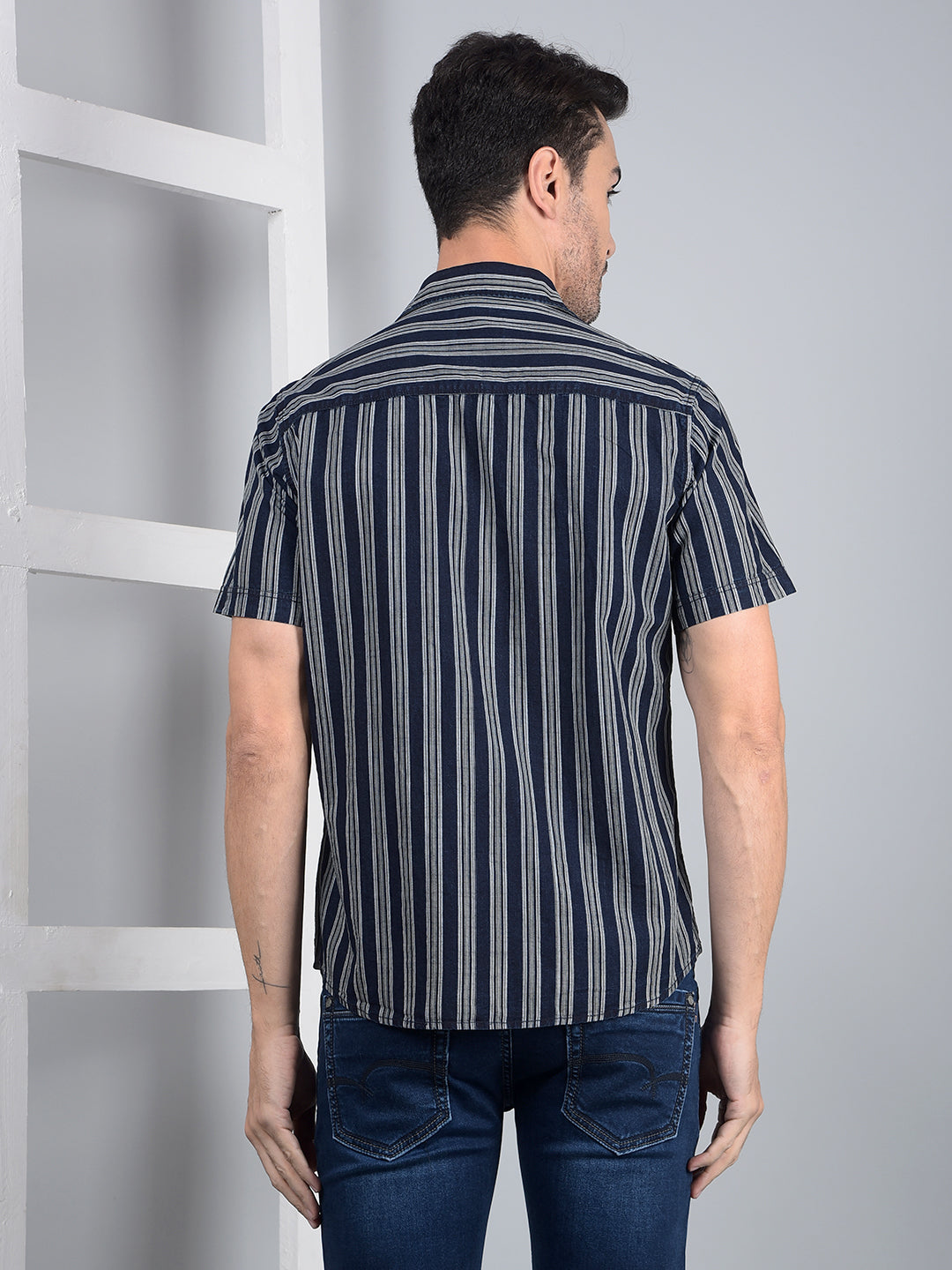 Navy Blue Vertical Stripes 100% Cotton Shirt-Men Shirts-Crimsoune Club