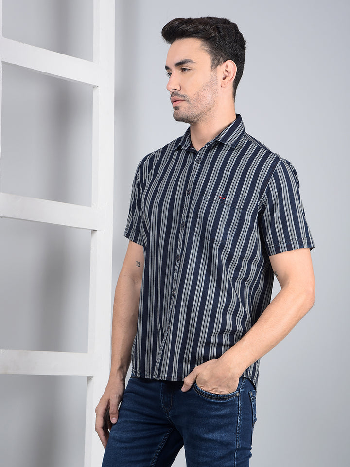 Navy Blue Vertical Stripes 100% Cotton Shirt-Men Shirts-Crimsoune Club