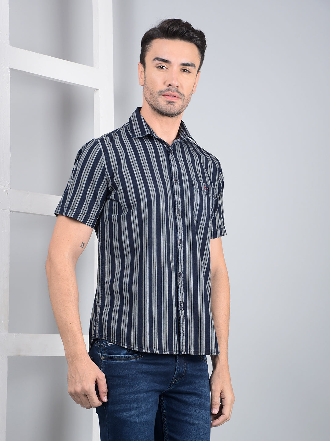 Navy Blue Vertical Stripes 100% Cotton Shirt-Men Shirts-Crimsoune Club