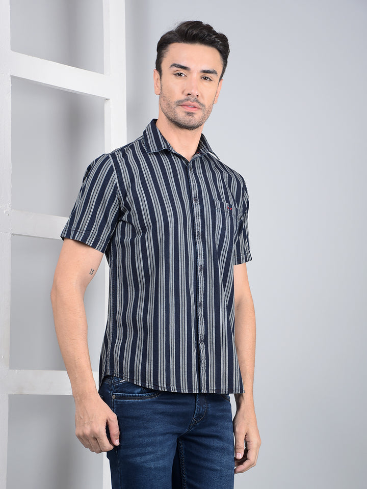 Navy Blue Vertical Stripes 100% Cotton Shirt-Men Shirts-Crimsoune Club