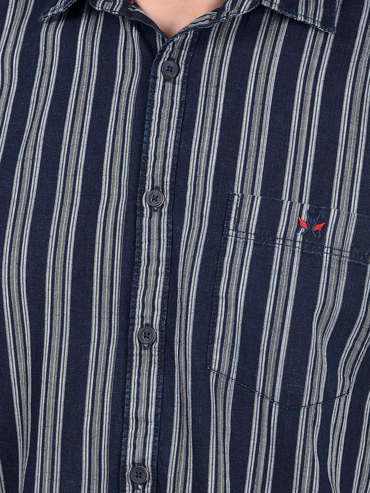 Navy Blue Vertical Stripes 100% Cotton Shirt-Men Shirts-Crimsoune Club