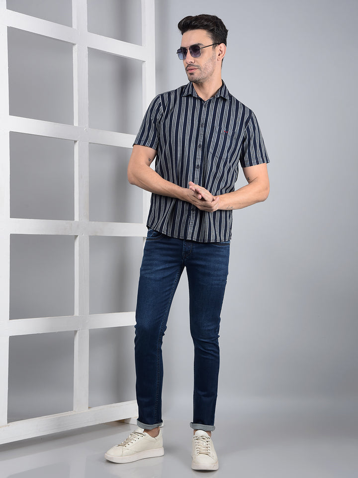 Navy Blue Vertical Stripes 100% Cotton Shirt-Men Shirts-Crimsoune Club