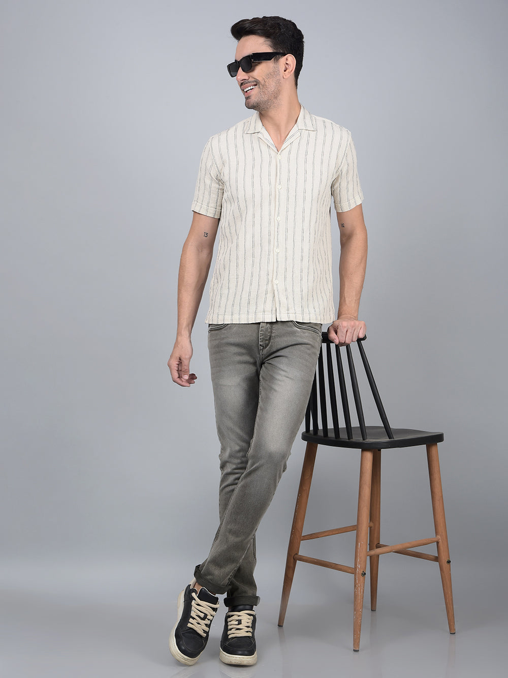 Off White Vertical Stripes 100% Cotton Cuban Collar Shirt-Men Shirts-Crimsoune Club