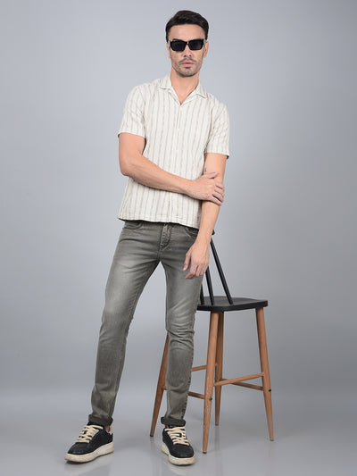 Off White Vertical Stripes 100% Cotton Cuban Collar Shirt-Men Shirts-Crimsoune Club