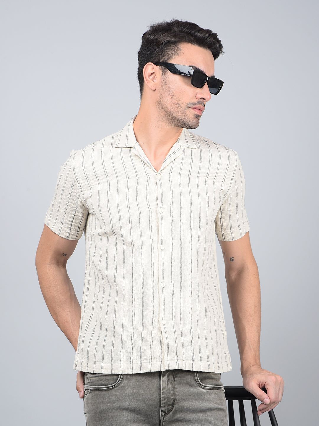 Off White Vertical Stripes 100% Cotton Cuban Collar Shirt-Men Shirts-Crimsoune Club