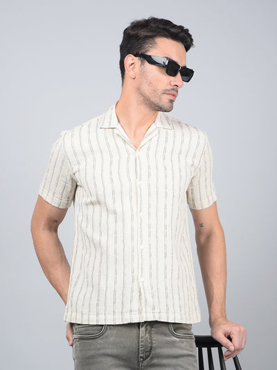 Off White Vertical Stripes 100% Cotton Cuban Collar Shirt-Men Shirts-Crimsoune Club