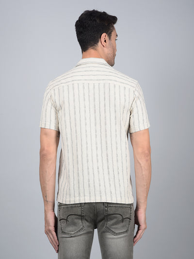 Off White Vertical Stripes 100% Cotton Cuban Collar Shirt-Men Shirts-Crimsoune Club