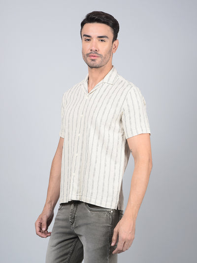 Off White Vertical Stripes 100% Cotton Cuban Collar Shirt-Men Shirts-Crimsoune Club