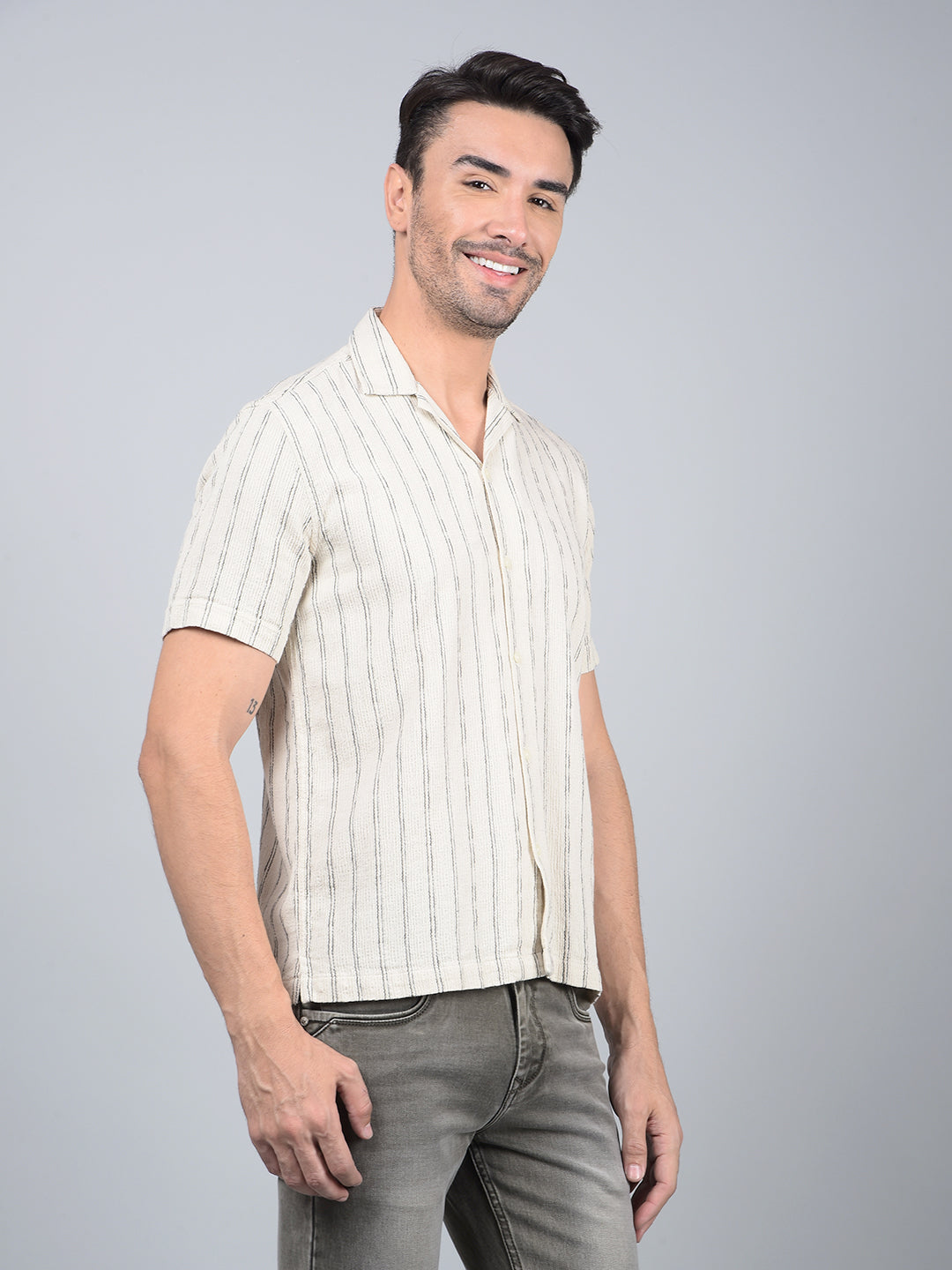 Off White Vertical Stripes 100% Cotton Cuban Collar Shirt-Men Shirts-Crimsoune Club