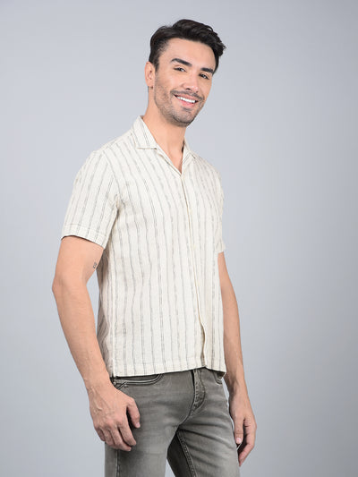 Off White Vertical Stripes 100% Cotton Cuban Collar Shirt-Men Shirts-Crimsoune Club