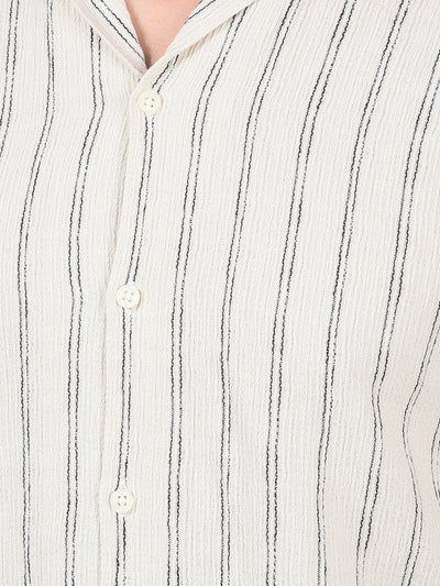 Off White Vertical Stripes 100% Cotton Cuban Collar Shirt-Men Shirts-Crimsoune Club