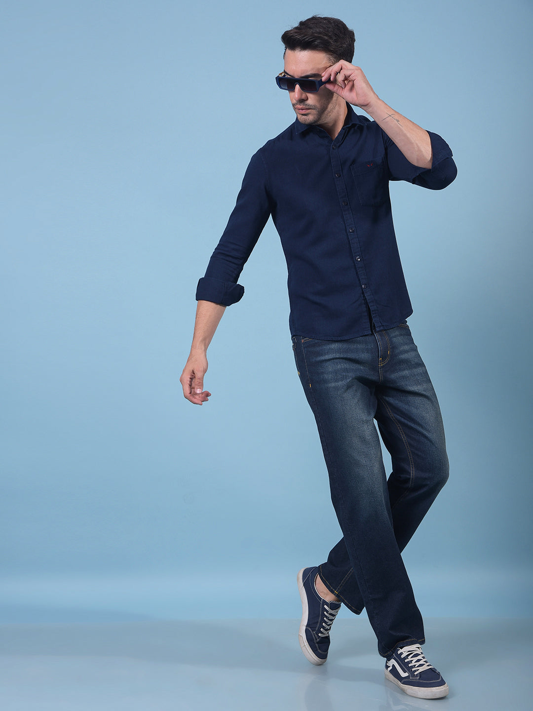 Blue 100% Cotton Denim Shirt-Men Shirts-Crimsoune Club