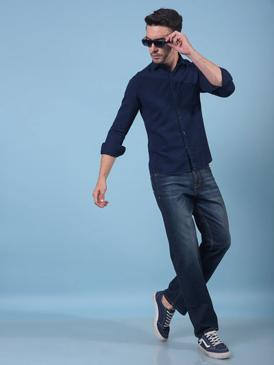 Blue 100% Cotton Denim Shirt-Men Shirts-Crimsoune Club