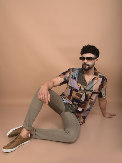 Brown Printed Cuban Collar Shirt-Men Shirts-Crimsoune Club