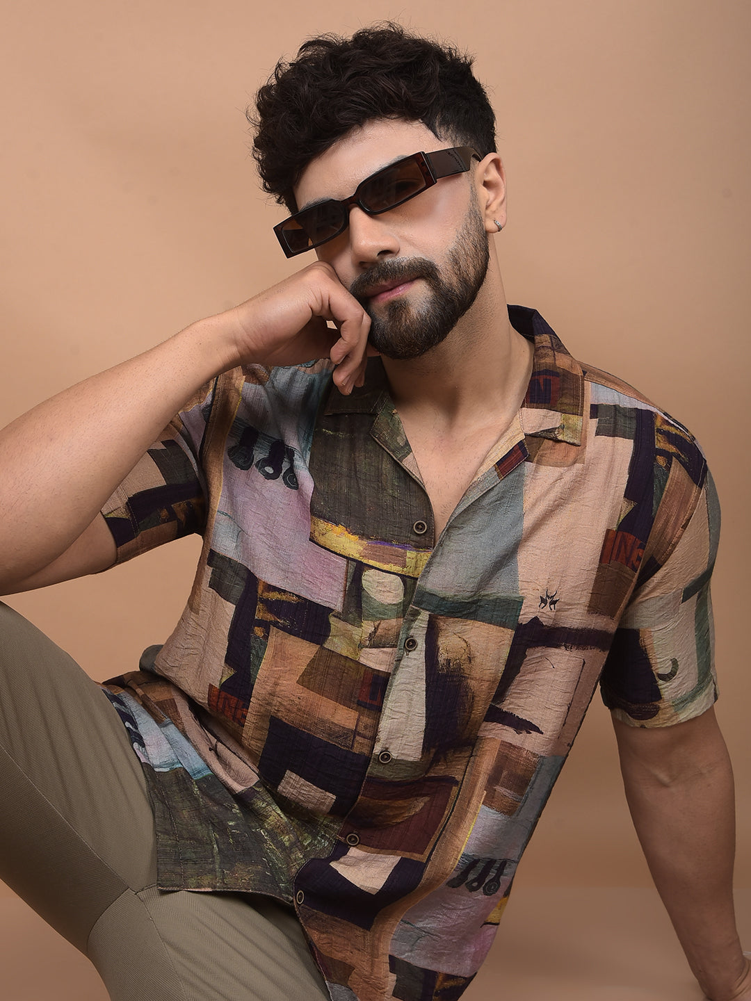 Brown Printed Cuban Collar Shirt-Men Shirts-Crimsoune Club