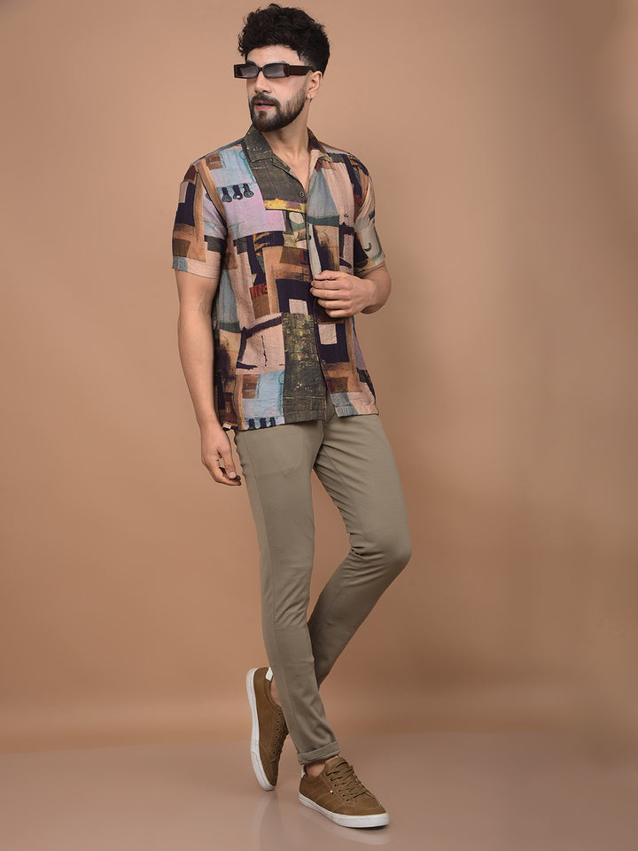 Brown Printed Cuban Collar Shirt-Men Shirts-Crimsoune Club
