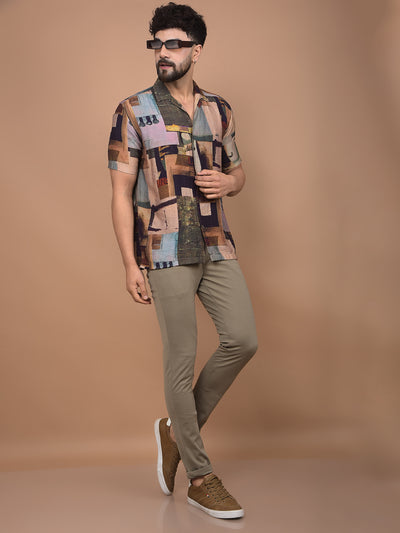 Brown Printed Cuban Collar Shirt-Men Shirts-Crimsoune Club