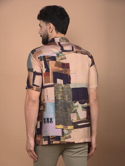 Brown Printed Cuban Collar Shirt-Men Shirts-Crimsoune Club