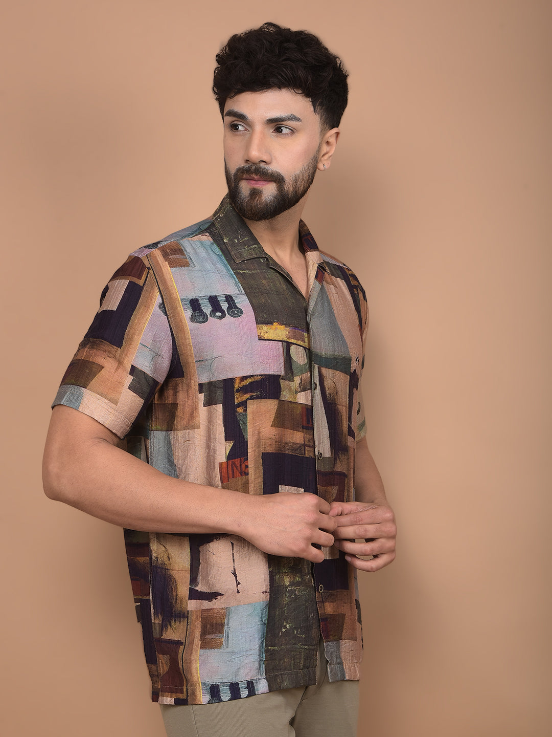 Brown Printed Cuban Collar Shirt-Men Shirts-Crimsoune Club